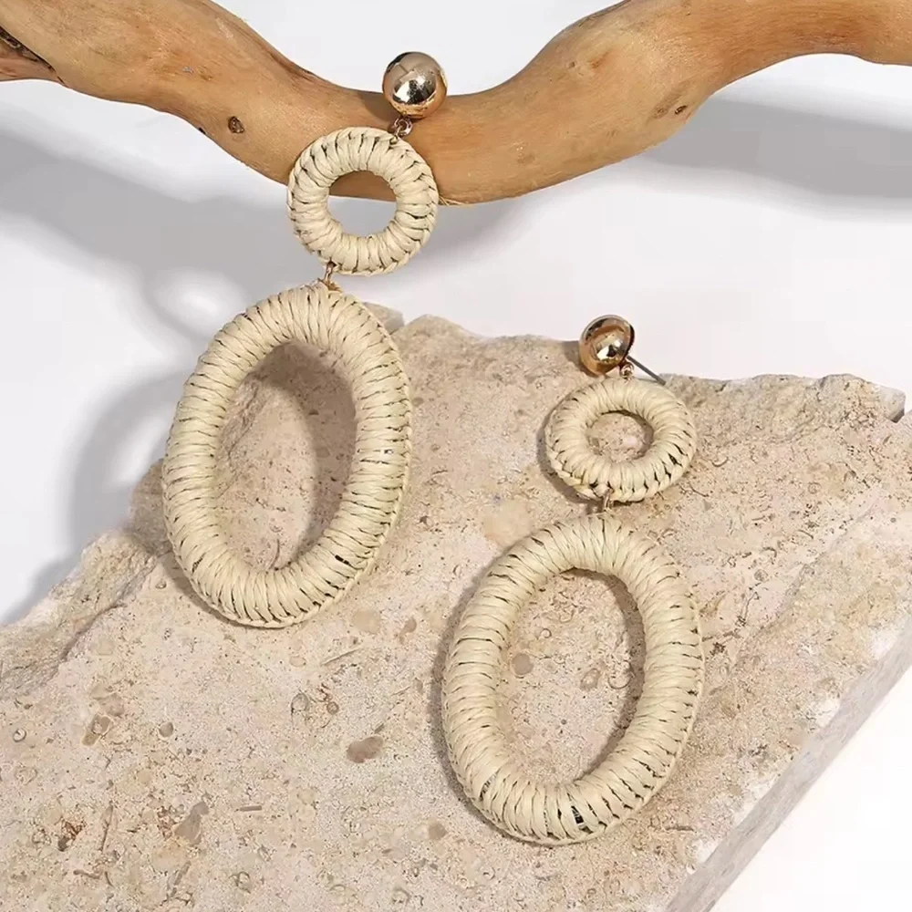 Summer Trendy Bohemian Rattan Oval Earrings